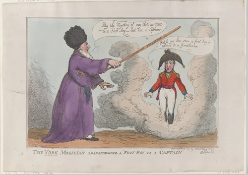 The York Magician Transforming a Foot-Boy to a Captain by Thomas Rowlandson, print, 1809