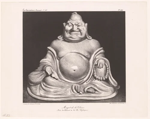 Karikatuur van een Chinees Boeddhabeeld by Honoré Daumier, print, 1834
