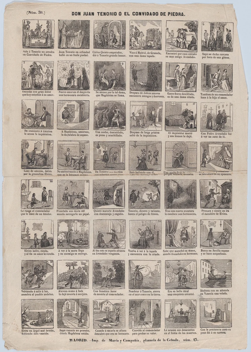 Broadside with 48 scenes relating to Don Juan Tenorio or the Stone Guest by José María Marés, print, 1855-1875