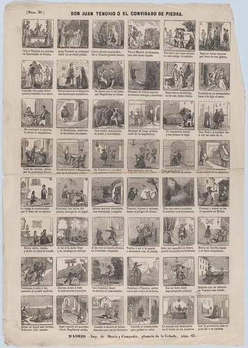 Broadside with 48 scenes relating to Don Juan Tenorio or the Stone Guest by José María Marés, print, 1855-1875