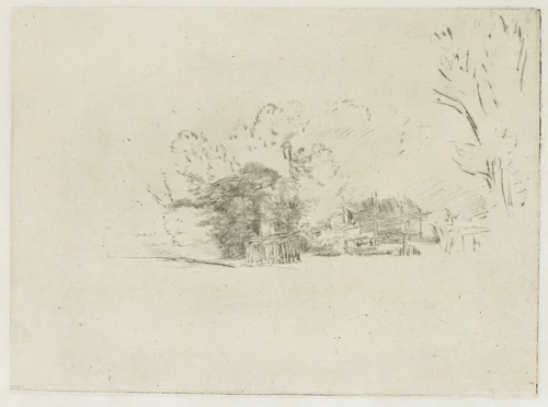 Clump of trees with a vista by Rembrandt van Rijn, print, 1652