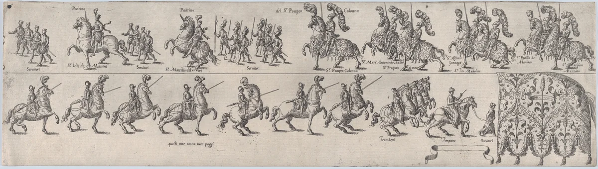 Plate depicting Pompeo Colonna, from a series of twelve showing knights and their attendants dressed for a tournament (plate 6) by anonymous, print, 1565