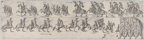 Plate depicting Pompeo Colonna, from a series of twelve showing knights and their attendants dressed for a tournament (plate 6) by anonymous, print, 1565