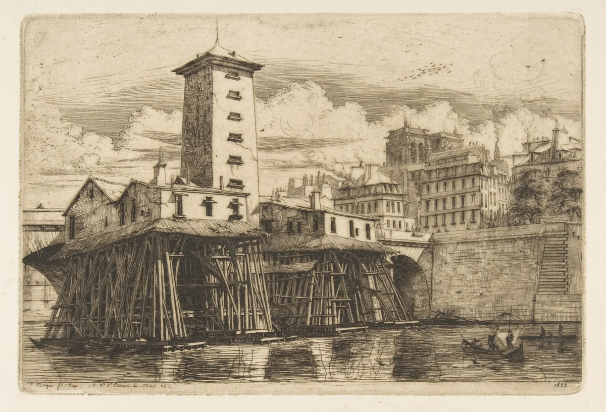 The Notre-Dame Pump, Paris by Charles Meryon, print, 1852