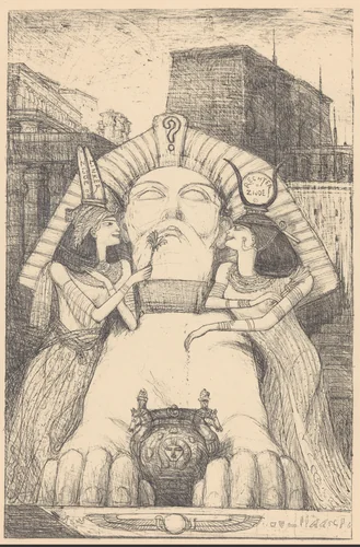 De kiesrecht-sfinx en de verleidsters by Marius Bauer, print, 1895