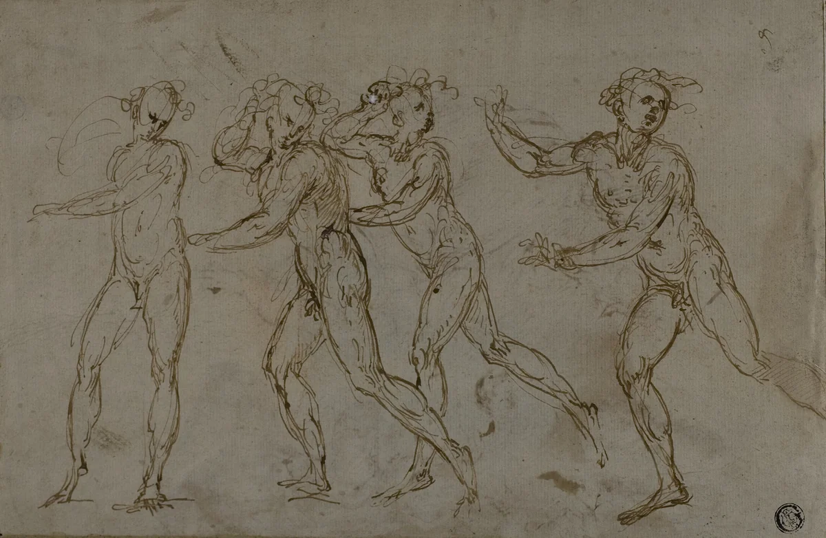 Four Running Male Nudes (recto); Holy Family with the Infant John the Baptist (verso) by Unknown Artist, drawing, 1580-1599