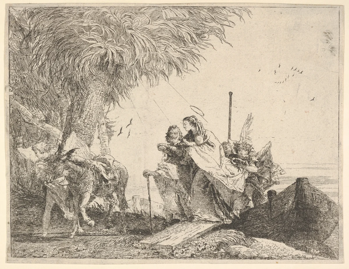 Mary, helped by Joseph and an angel, stepping from a boat to the shore, an angel steadies a donkey before her, from "The Flight into Egypt" by Giovanni Domenico Tiepolo, print, 1753