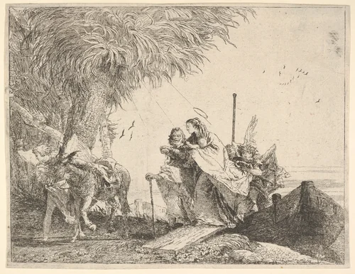 Mary, helped by Joseph and an angel, stepping from a boat to the shore, an angel steadies a donkey before her, from "The Flight into Egypt" by Giovanni Domenico Tiepolo, print, 1753