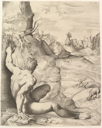 John the Baptist in the Wilderness by Giulio Sanuto, print, 1540-1560