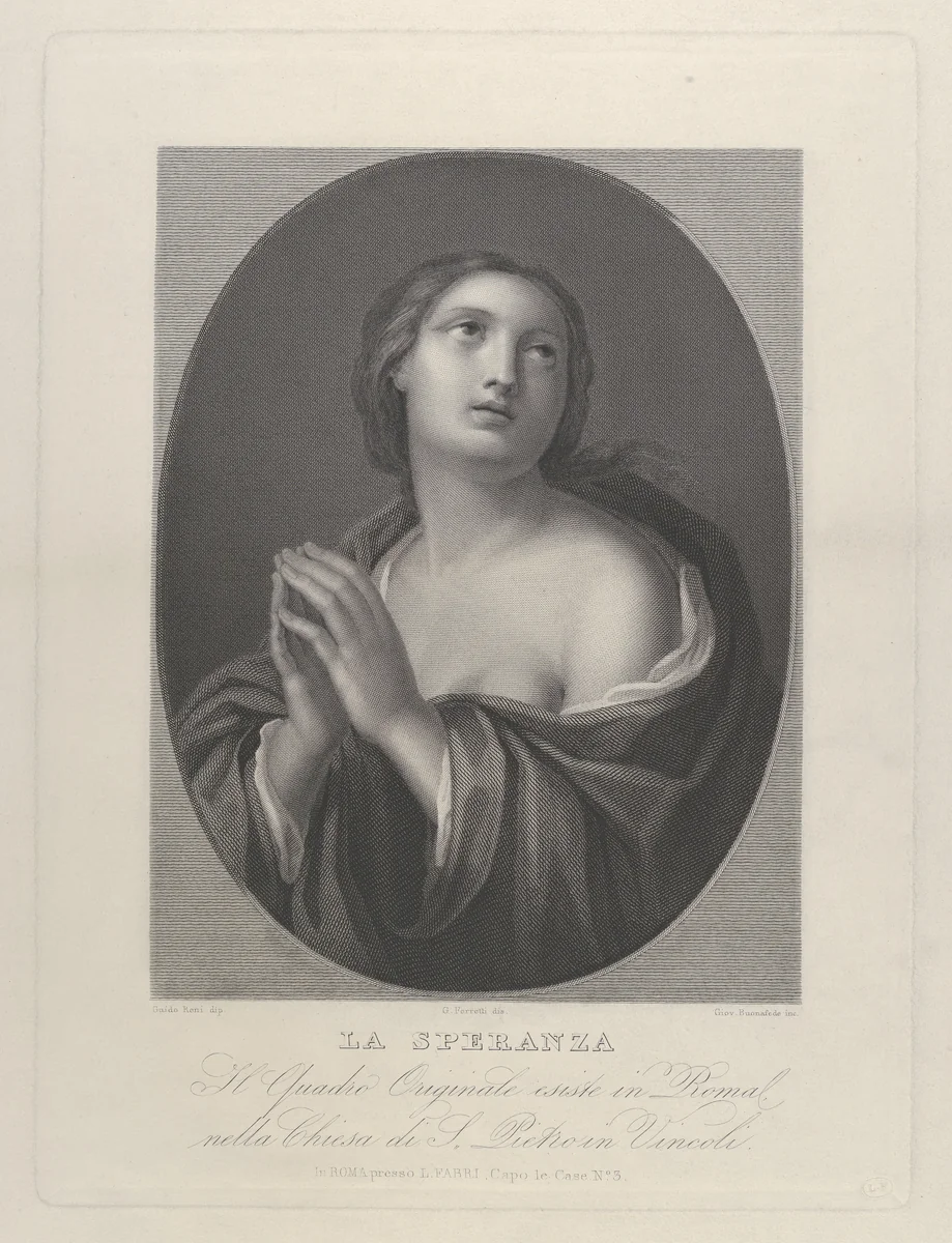 Female personification of Hope looking up with hands held together and left shoulder exposed, in an oval frame, after Reni by Giovanni Buonafede, print, 1830-1881