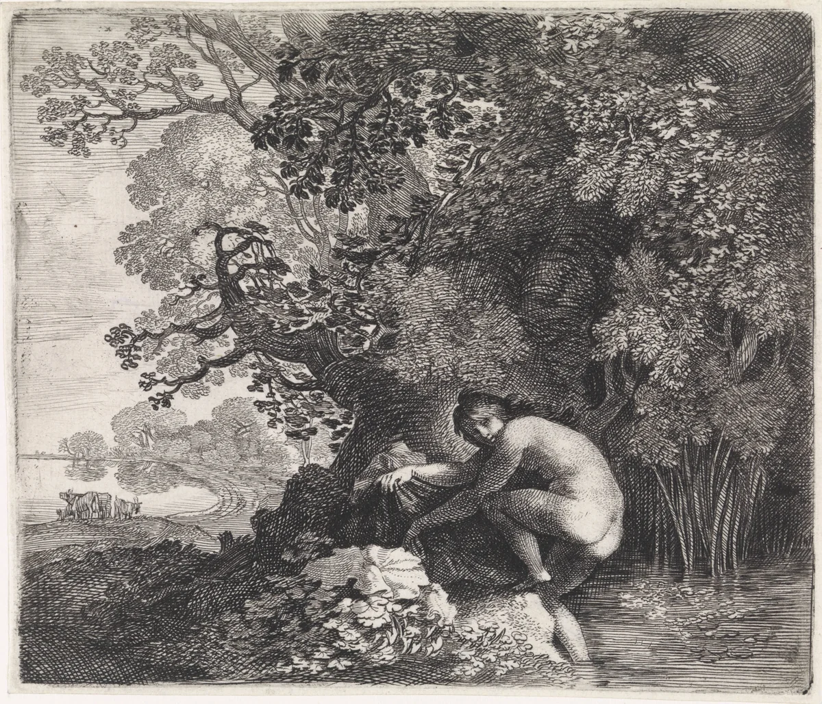 Baadster stapt uit het water by Moyses van Wtenbrouck, print, 1600-1647