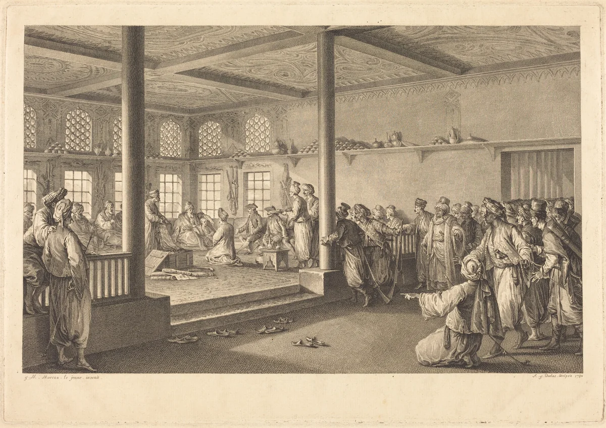 Réception de Choiseul-Gouffier chez Hassan-Tchousch-Oglou by Antoine-Jean Duclos, print, 1780