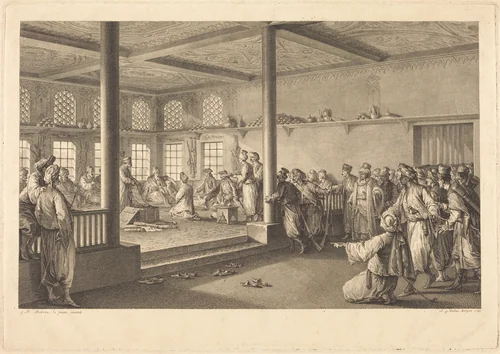 Réception de Choiseul-Gouffier chez Hassan-Tchousch-Oglou by Antoine-Jean Duclos, print, 1780