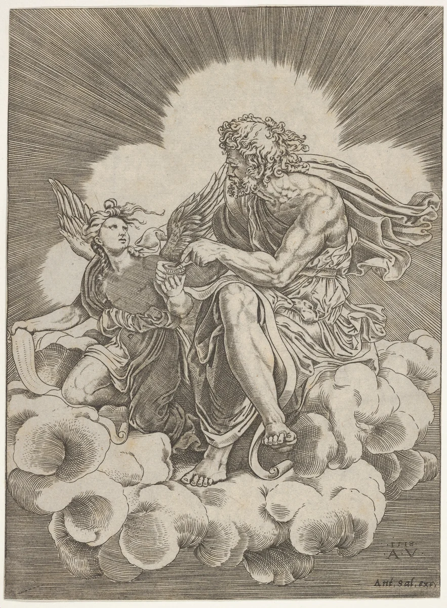 St. Matthew, seated on a cloud and dipping a quill into an inkwell held by an angel, who is also holding a scroll, from a series of the four evangelists after Giulio Romano by Agostino Veneziano, print, 1518-1520
