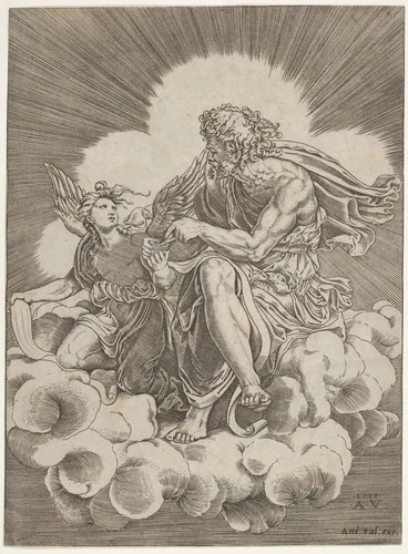 St. Matthew, seated on a cloud and dipping a quill into an inkwell held by an angel, who is also holding a scroll, from a series of the four evangelists after Giulio Romano by Agostino Veneziano, print, 1518-1520