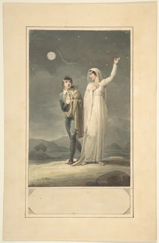 Nocturnal Landscape with Two Figures (design for an engraved book illustration) by Henry Corbould, drawing, 1807-1844
