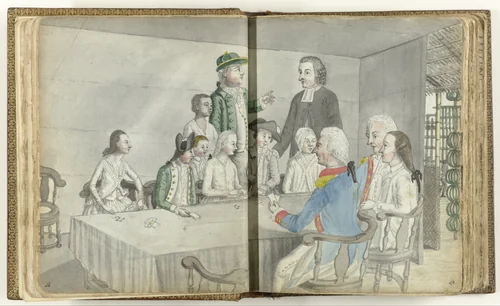 Europees kaartgezelschap op Ceylon by Jan Brandes, drawing, 1785