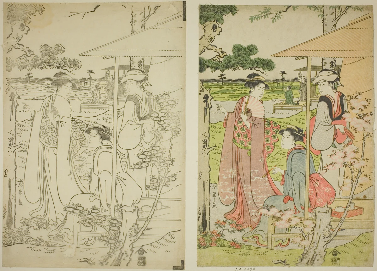 Viewing Cherry Blossoms from a Teahouse on Asuka Hill by Chobunsai Eishi, print, 1784-1795