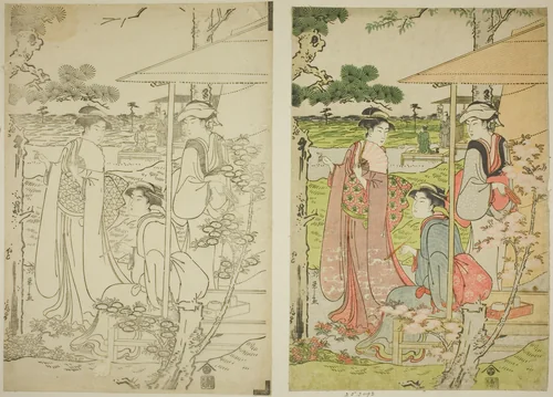 Viewing Cherry Blossoms from a Teahouse on Asuka Hill by Chobunsai Eishi, print, 1784-1795