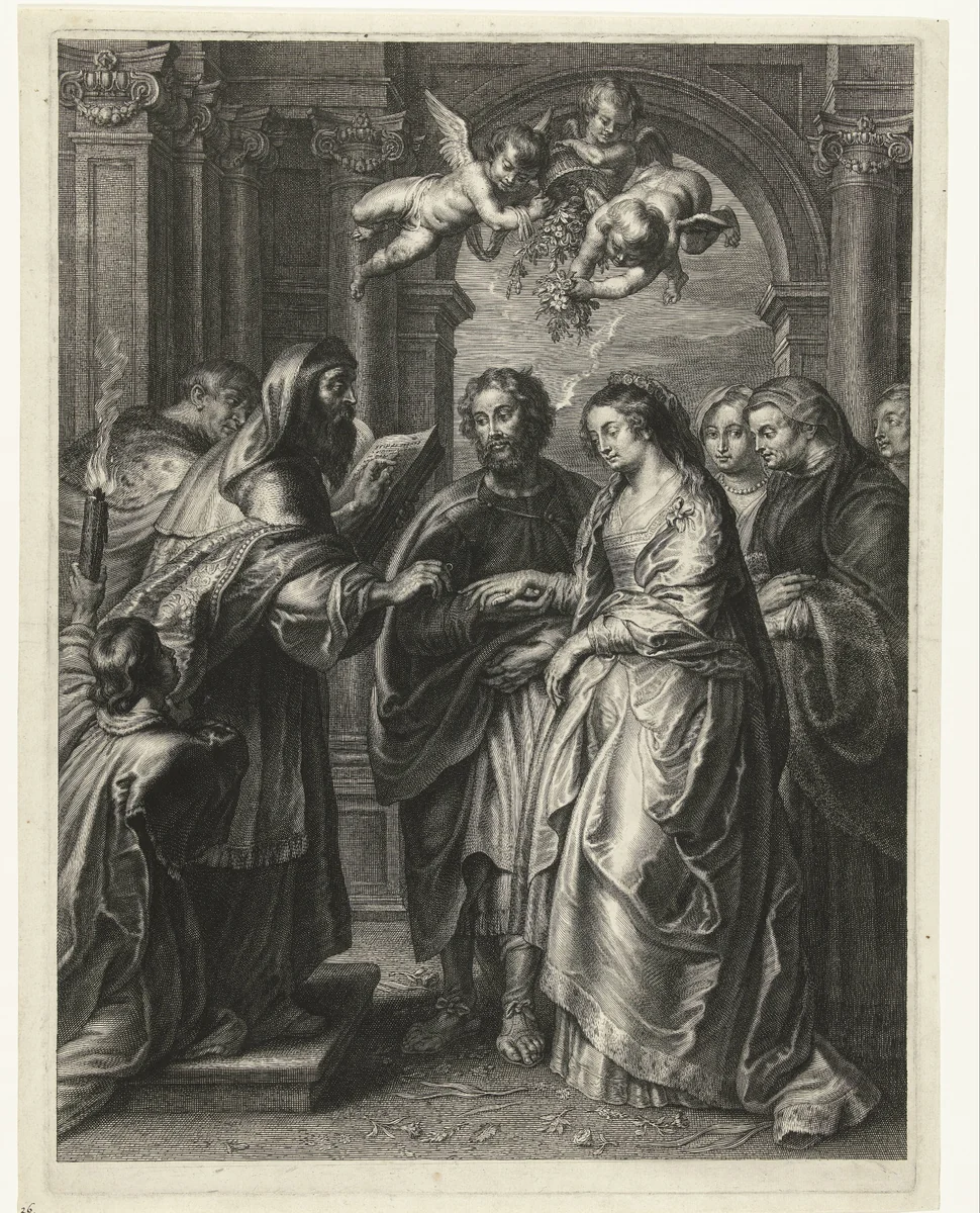 Het huwelijk van Maria en Jozef by Schelte Adamsz. Bolswert, print, 1596-1659