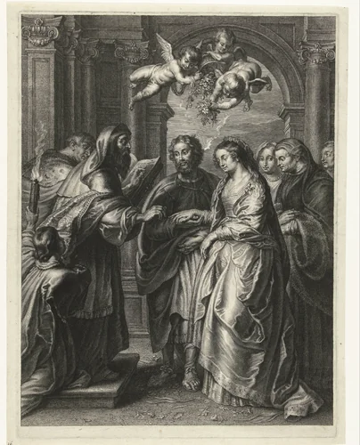 Het huwelijk van Maria en Jozef by Schelte Adamsz. Bolswert, print, 1596-1659