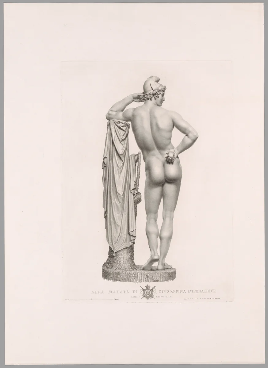 Paris Leaning on Tree Stump, Back View, from Oeuvre de Canova by Angelo Testa, print, 1817
