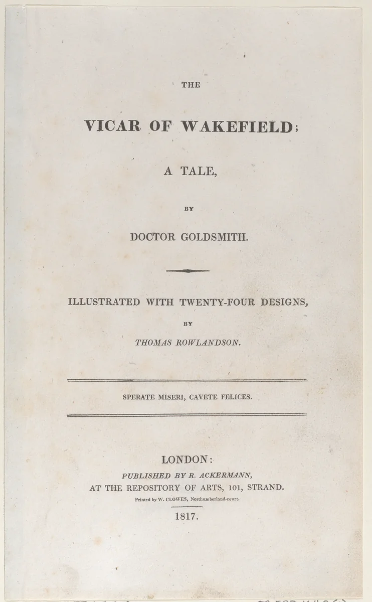 Title page, from "The Vicar of Wakefield" by Thomas Rowlandson, print, 1817