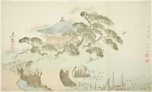 A temple hall by Shibata Zeshin (柴田是真), print, 1885