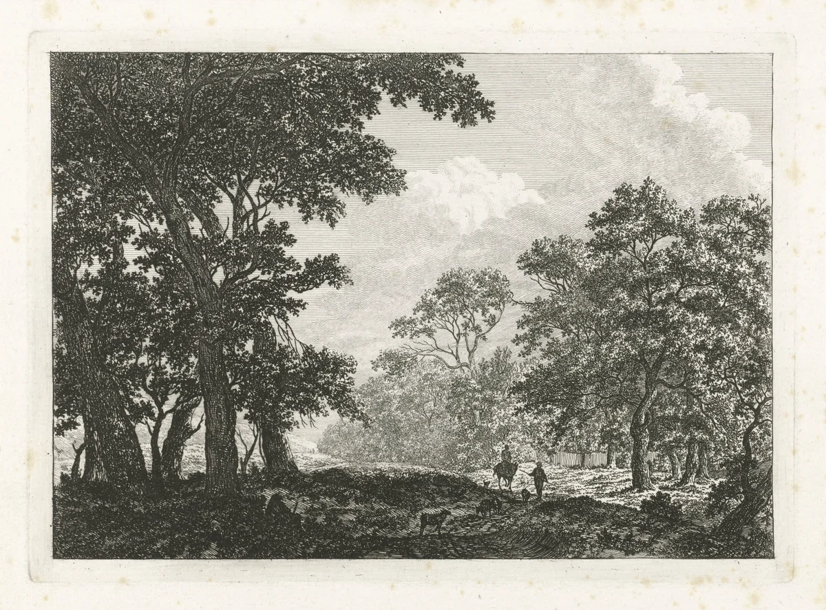 Landschap met bomen en een ruiter op een weg by Franciscus Andreas Milatz, print, 1784-1808
