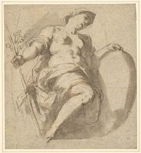 Minerva Holding a Shield and Branch by Jacopo Palma il Giovane, drawing, 1548-1628