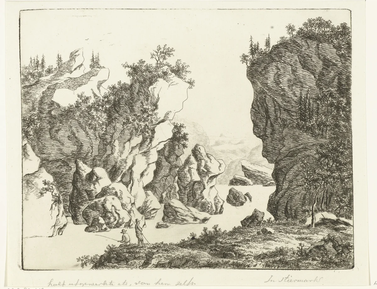 Gezicht op een ravijn in Stiermarken met twee vissers by Ernst Willem Jan Bagelaar, print, 1805-1818