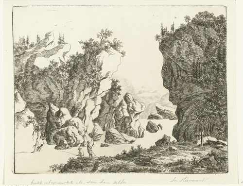 Gezicht op een ravijn in Stiermarken met twee vissers by Ernst Willem Jan Bagelaar, print, 1805-1818