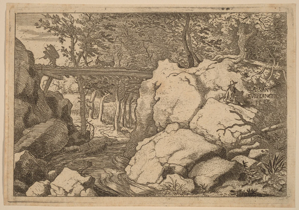 Goat on a small Bridge by Allart van Everdingen, print, 1645-1656