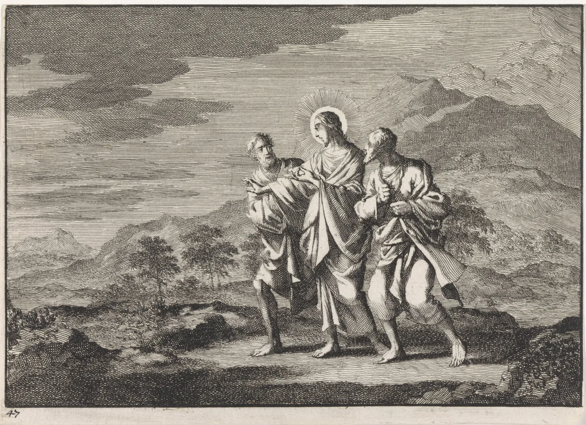 Emmaüsgangers by Jan Luyken, print, 1703
