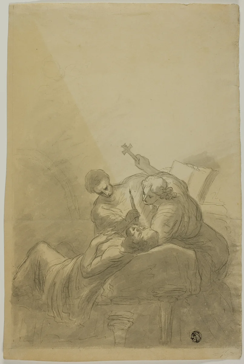 Dying Man Attended By Two Figures Holding Candle, Book and Cross by Unknown Artist, drawing, 1800-1899