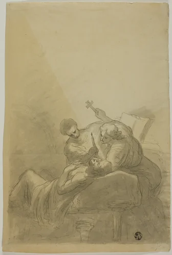 Dying Man Attended By Two Figures Holding Candle, Book and Cross by Unknown Artist, drawing, 1800-1899