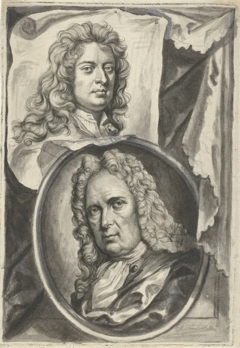 Portret van Godfried Kneller en Gerard Hoet by Jacob Houbraken, print, 1719-1721
