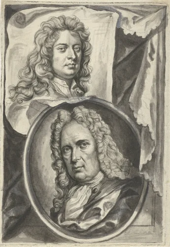 Portret van Godfried Kneller en Gerard Hoet by Jacob Houbraken, print, 1719-1721