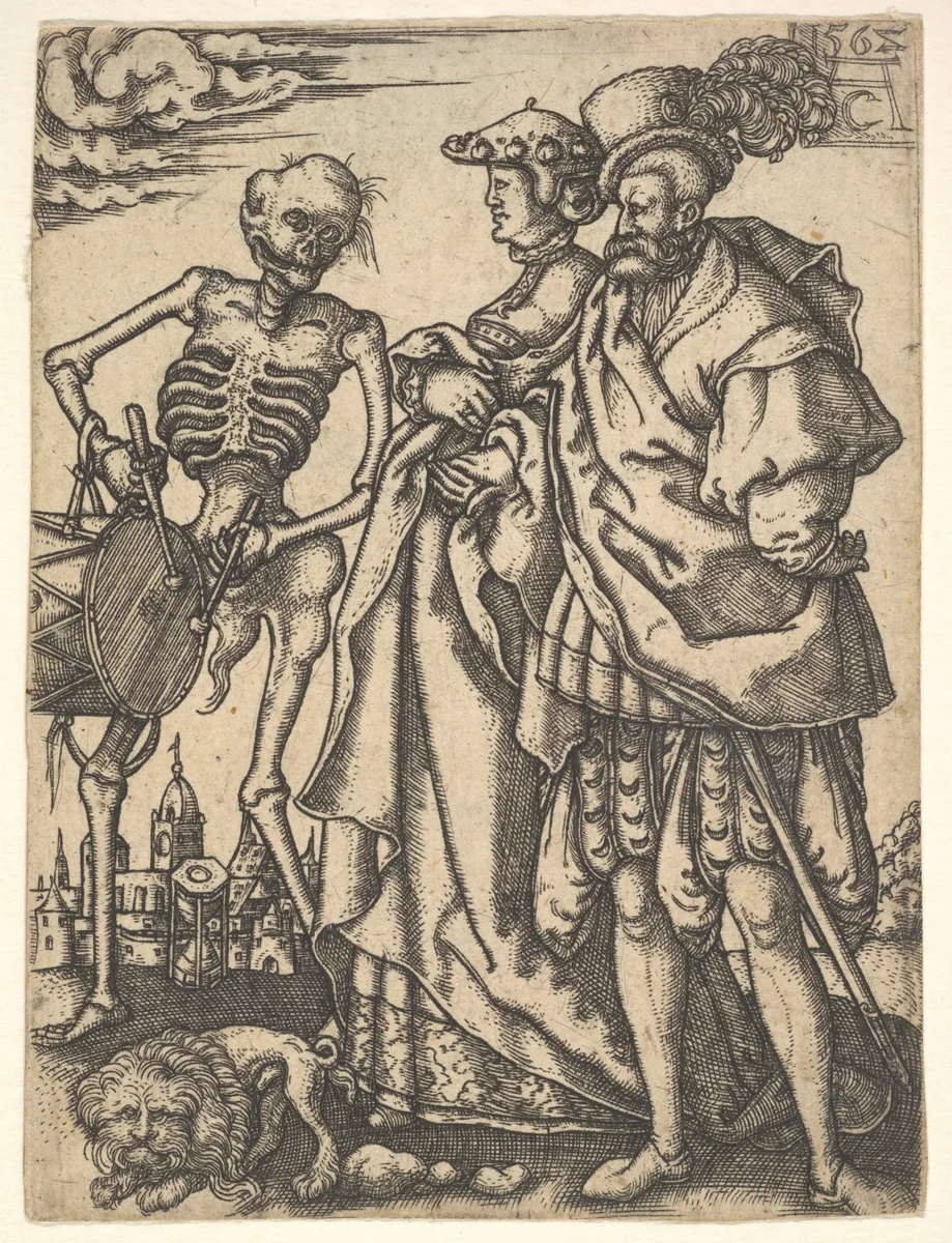 Couple and Death with a Drum, from "The Dance of Death" by Allaert Claesz, print, 1520-1555