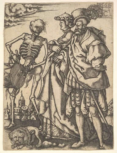 Couple and Death with a Drum, from "The Dance of Death" by Allaert Claesz, print, 1520-1555