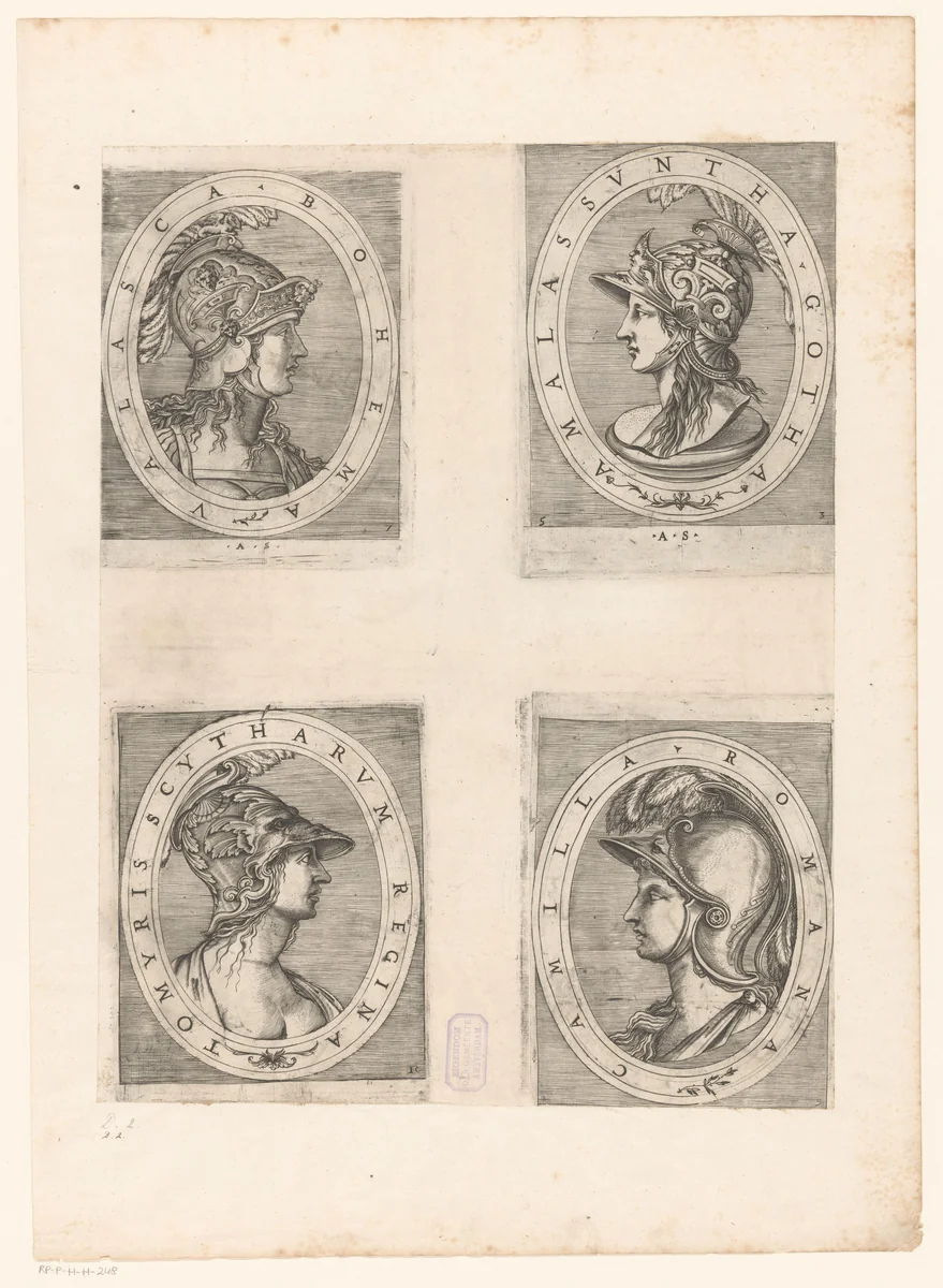 Vier vrouwenkoppen by anonymous, print, 1510-1562