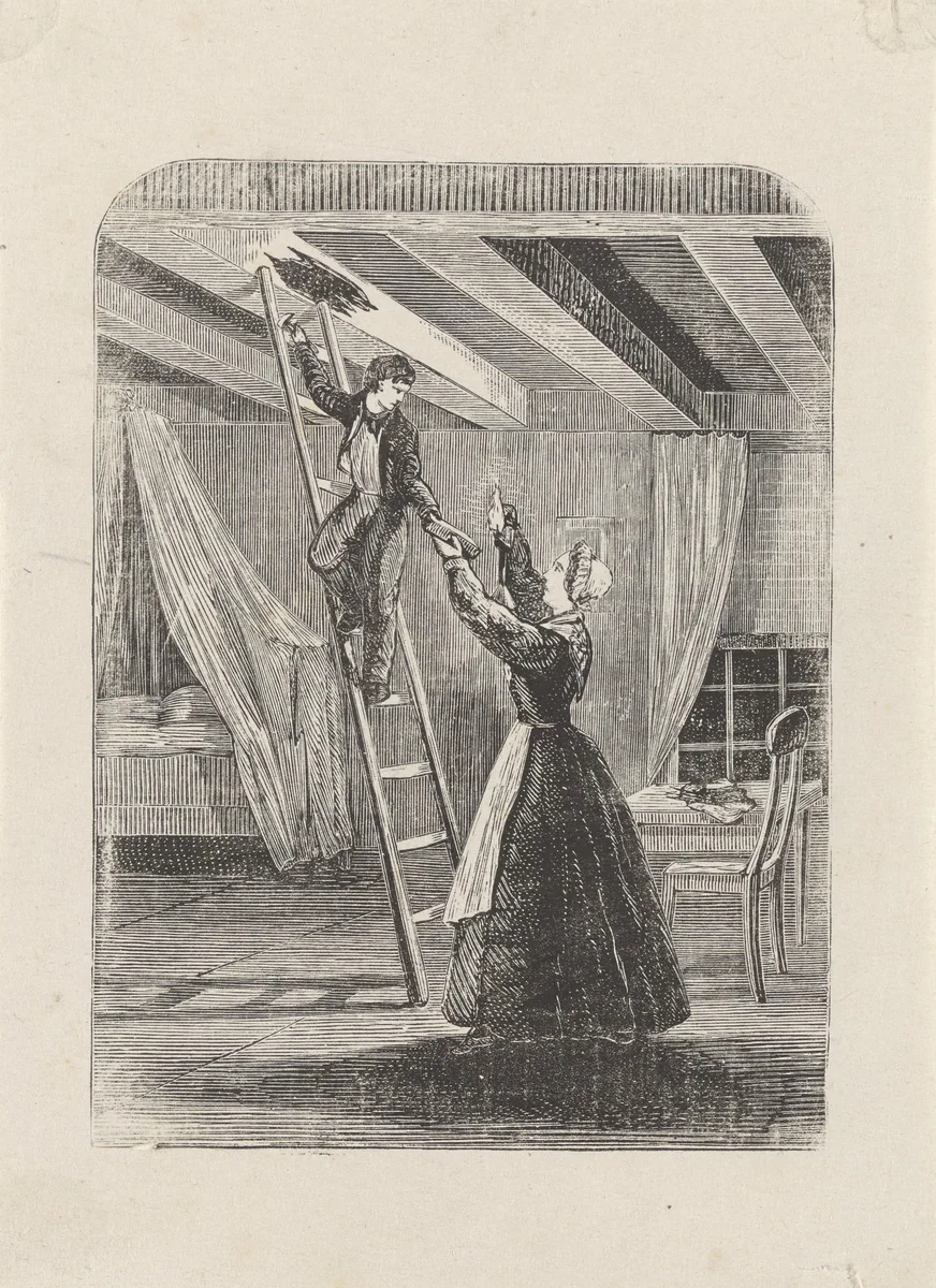 Interieur met een jongen staande op een ladder om voor een vrouw een object uit het plafond te halen by Isaac Weissenbruch, print, 1836-1912