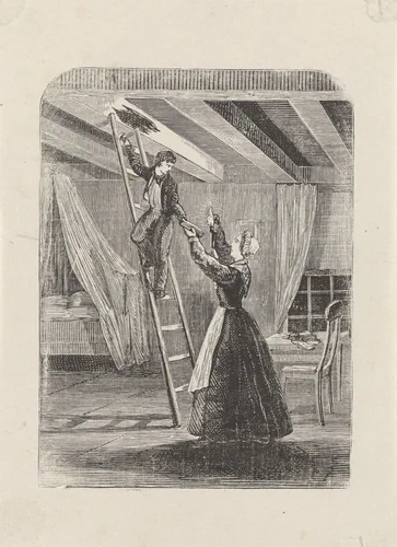 Interieur met een jongen staande op een ladder om voor een vrouw een object uit het plafond te halen by Isaac Weissenbruch, print, 1836-1912