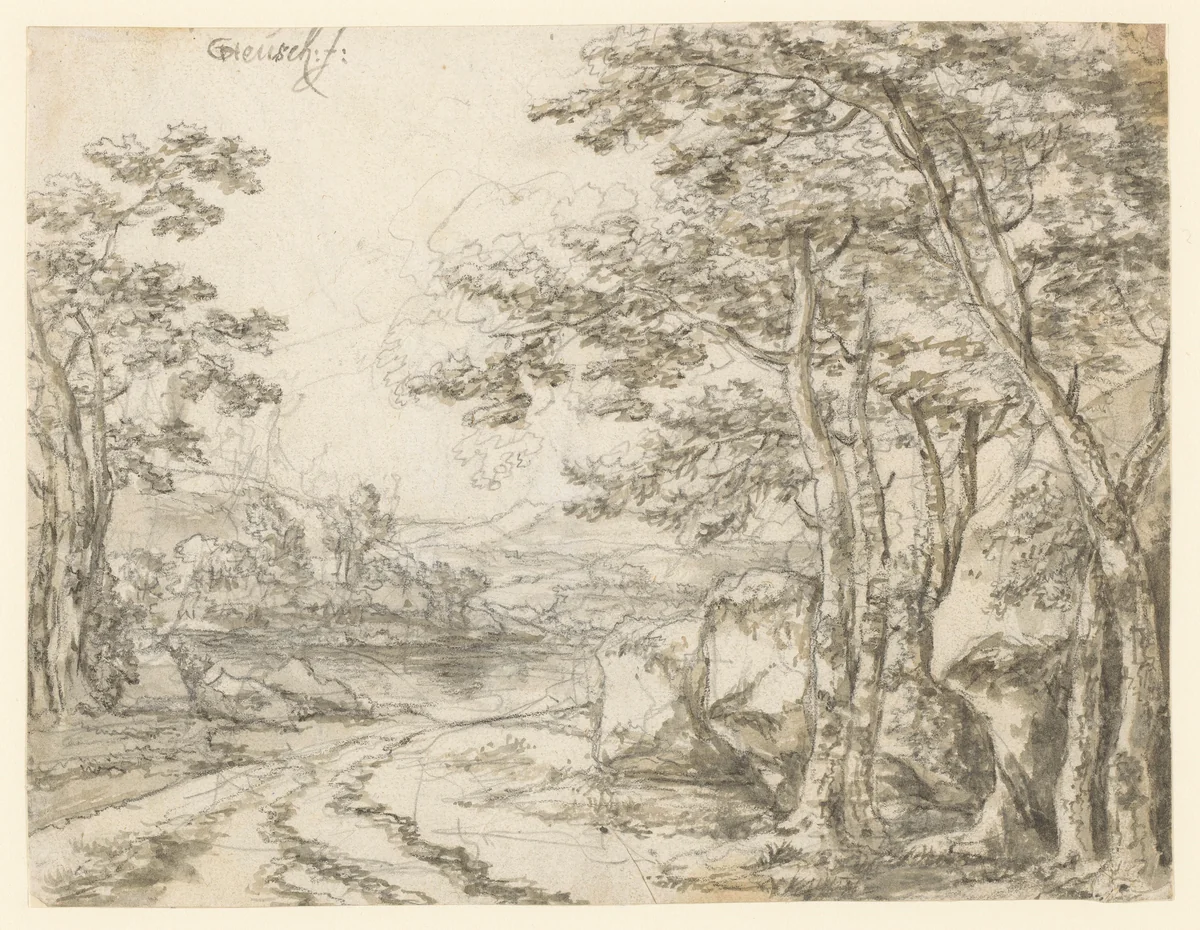 Landschap met een weg langs bomen by Willem de Heusch, drawing, 1635-1692