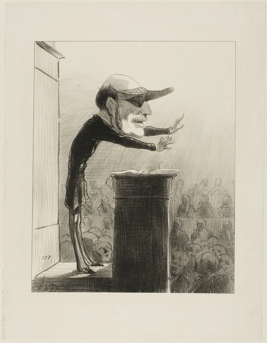 Jules de L (also known as Lasteyrie the Argand lamp). Former member of the opposition, now ennemy of the light... blinded by the sudden appearance of the sun of the Republic, Jules de Lasteyrie now wears the eye-shade of the Constitutionnel, plate 33 from Les Représentans Représentés by Honoré-Victorin Daumier, print, 1850