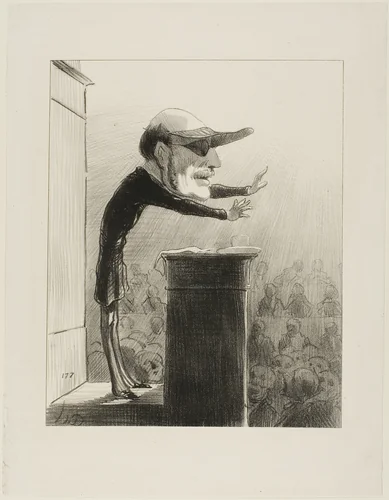 Jules de L (also known as Lasteyrie the Argand lamp). Former member of the opposition, now ennemy of the light... blinded by the sudden appearance of the sun of the Republic, Jules de Lasteyrie now wears the eye-shade of the Constitutionnel, plate 33 from Les Représentans Représentés by Honoré-Victorin Daumier, print, 1850