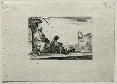 Caprices: Two Pilgrims Resting and a Peasant by Stefano della Bella, print, 1637-1647