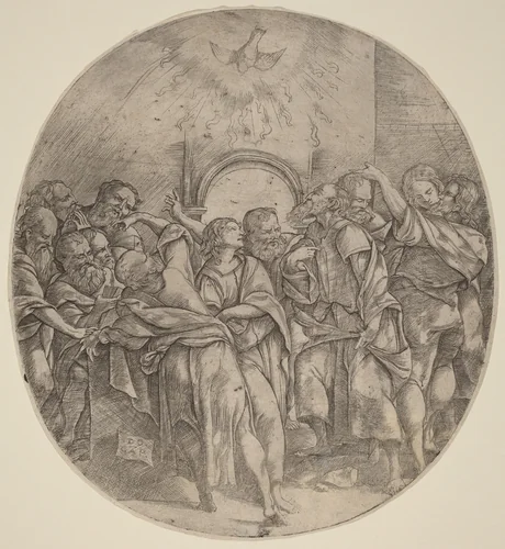 The Descent of the Holy Spirit by Domenico Campagnola, print, 1518