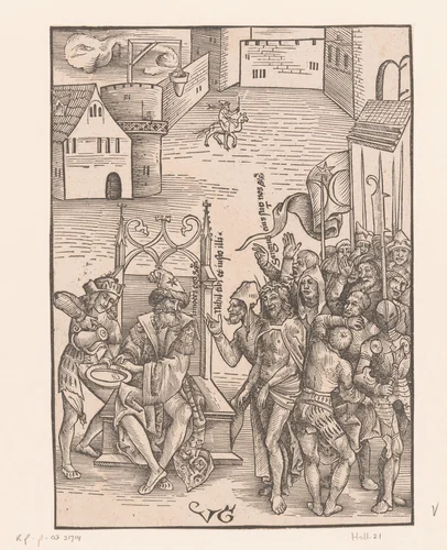 Pilatus wast zijn handen in onschuld by anonymous, print, 1506
