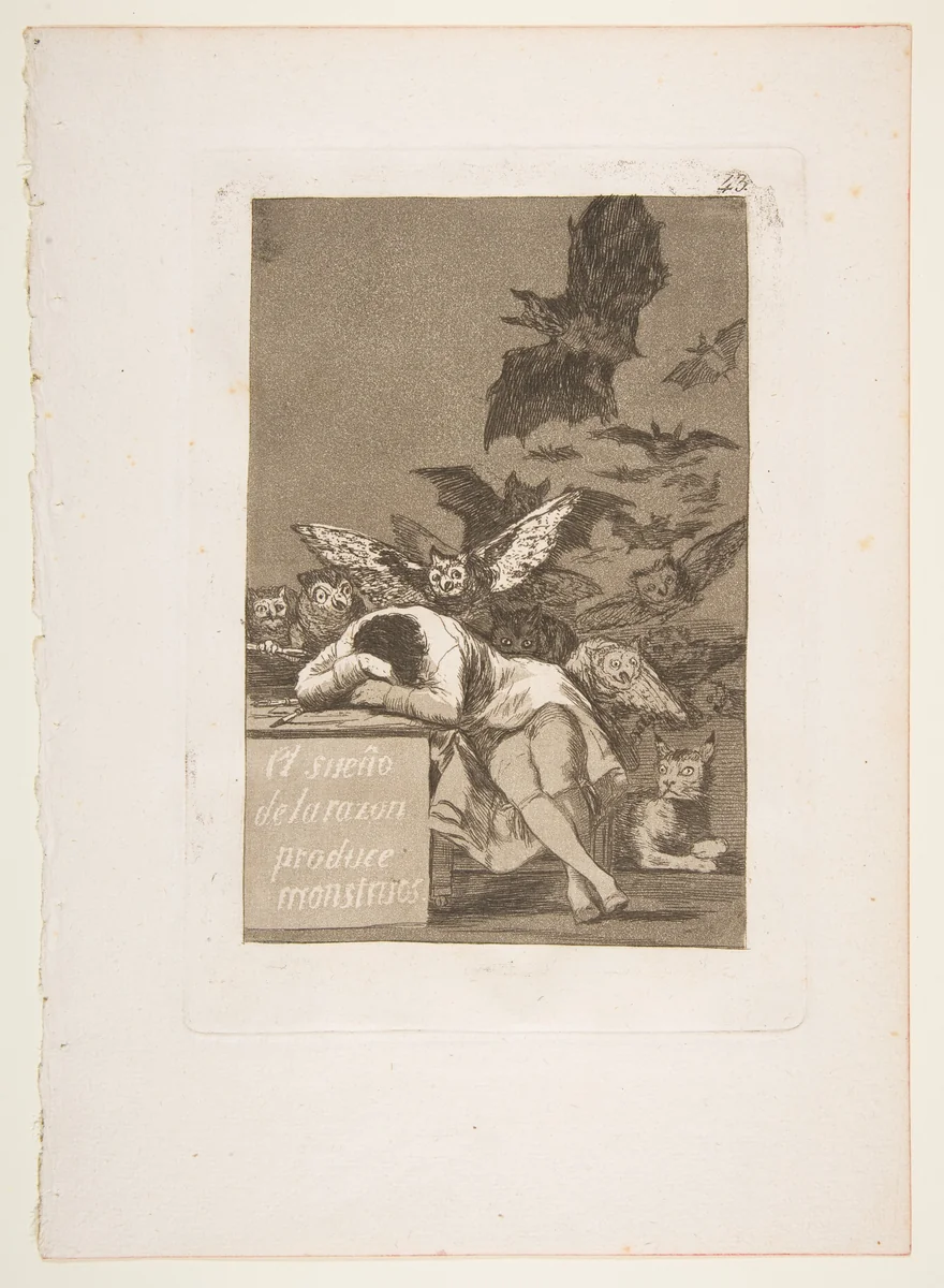 Plate 43 from "Los Caprichos": The sleep of reason produces monsters (El sueño de la razon produce monstruos) by Goya, print, 1799